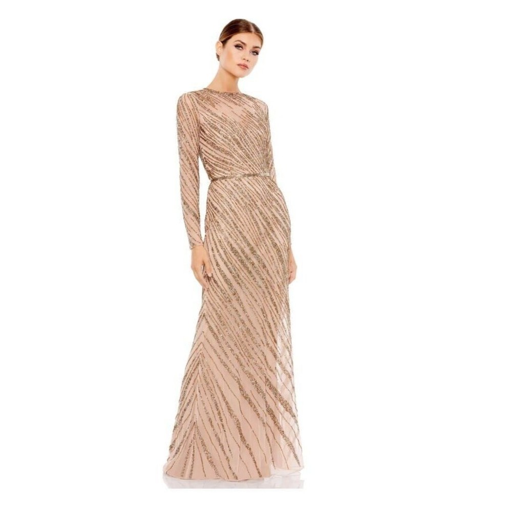 Mac Duggal Long Sleeve Beaded Column Evening Gown Embellished Size 10 Mocha 5240